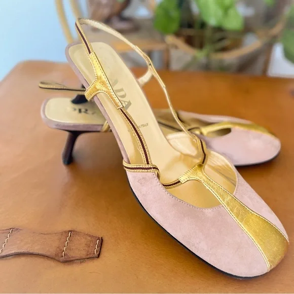 Prada Gold and Beige Slingback Kitten Heel - Picture 3 of 8